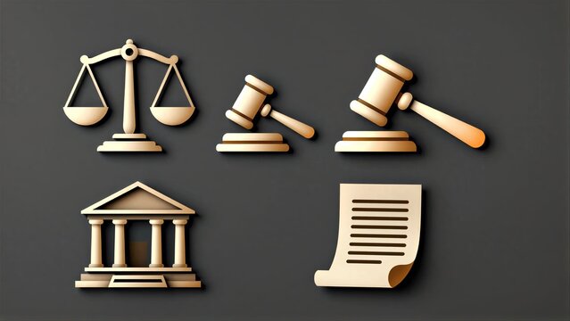 Legal symbols: scales, gavel, courthouse, and documents on dark background.