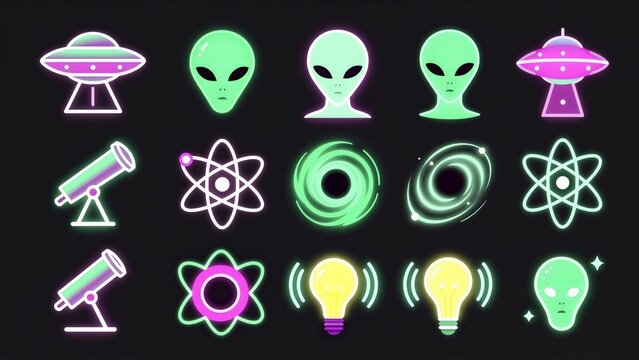 Neon alien icons, UFOs, atoms and lightbulbs glowing against dark space background.
