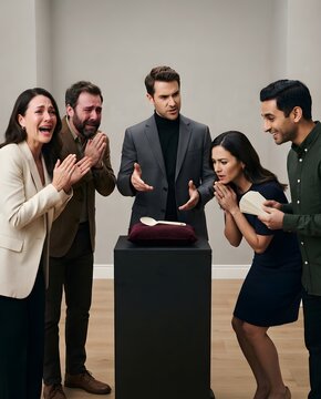 A humorous group of people react with exaggerated awe, crying and holding money while worshipping a single ordinary spoon on a pedestal.