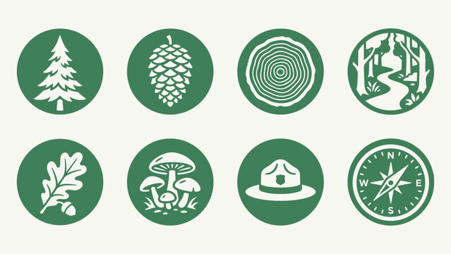 Forestry management nature reserve and outdoor hiking vector icon set with pine tree and compass