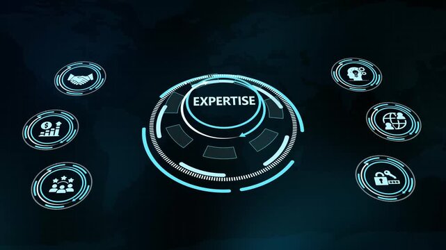 Abstract futuristic HUD interface displaying expertise text with modern business icons on dark background