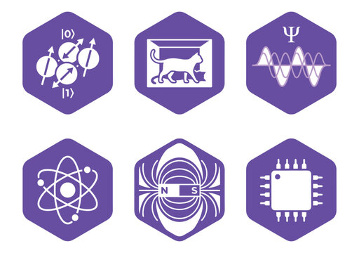 Quantum Physics and Computing Science Icons with Superposition, Atom, Magnetism and Microchip