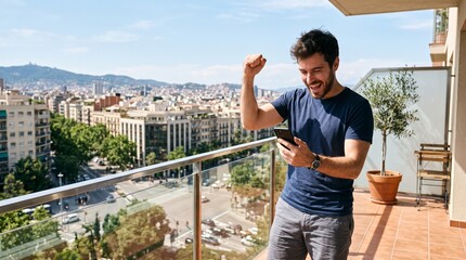 Naklejka na ściany i meble Man celebrating success while looking at his smartphone on a balcony with a city view