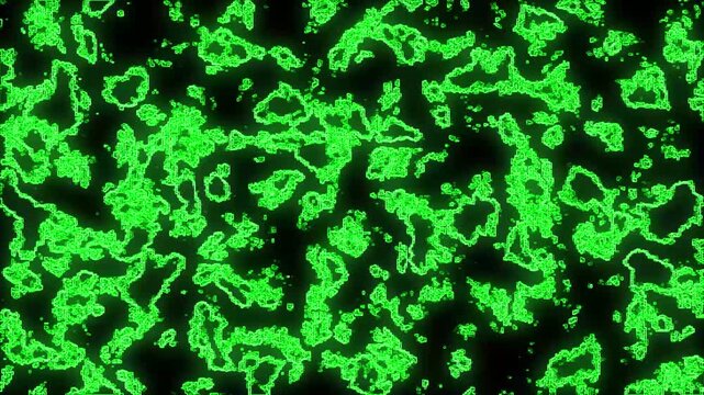 Neon green glowing cell membrane patterns shifting in a dynamic digital animation footage representing organic biological structures with vibrant light and complex microscopic cellular motion