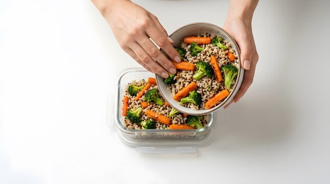 Healthy meal prep with brown rice, steamed broccoli, and carrots being transferred from a bowl to a glass container