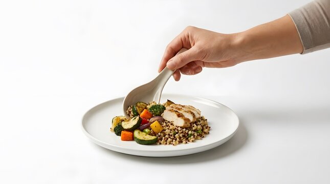 Healthy dinner plate with grilled chicken breast, nutritious quinoa, and colorful steamed vegetables on white background