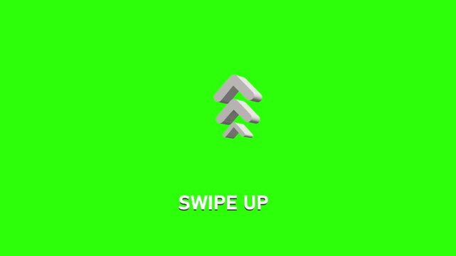 Animated 3D triple chevron arrows pointing upward with 'SWIPE UP' text on a green screen chroma key background, perfect for social media stories and social media call-to-action videos.