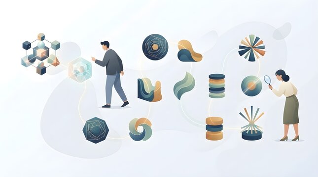Illustration of people analyzing and navigating through connected digital data nodes, information flow, and business technology networks.