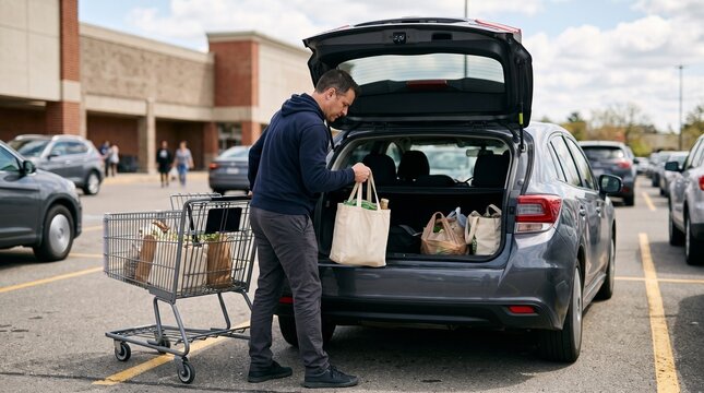 Man loading groceries from shopping cart into car trunk in parking lot outside store