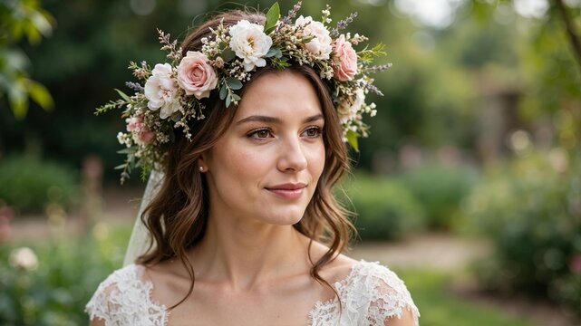 Bride wearing delicate floral crown of roses in garden. Outdoor portrait of woman in lace wedding dress. Romantic bridal style