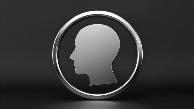 Metallic head silhouette in circular frame, minimalist design on dark background.