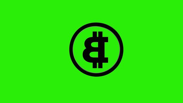 Animated black Bitcoin symbol inside a circular badge with a green screen chroma key background, ideal for cryptocurrency, finance, and trading motion graphics.