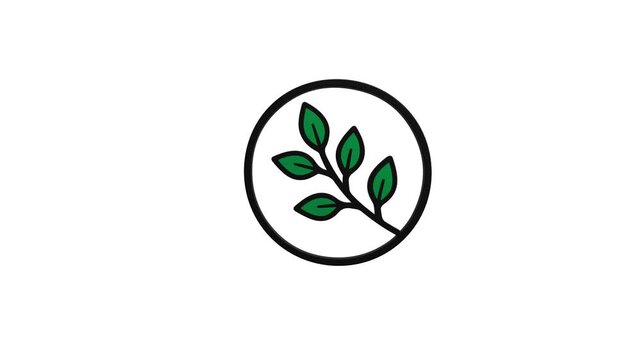 Animated line art icon featuring a green leafy branch inside a circular frame, suitable for organic, botanical, ecology, or environment-themed video designs.