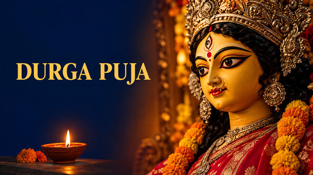 Gorgeous close up profile portrait of goddess durga idol beside glowing oil lamp celebrating night of maha shashthi durga puja and navratri
