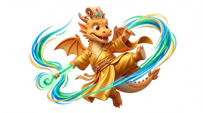 Golden mythical dragon character wielding a magical staff in 3d style