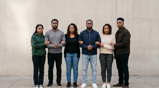Diverse group of six young Black adults standing arm in arm in solidarity against a concrete wall