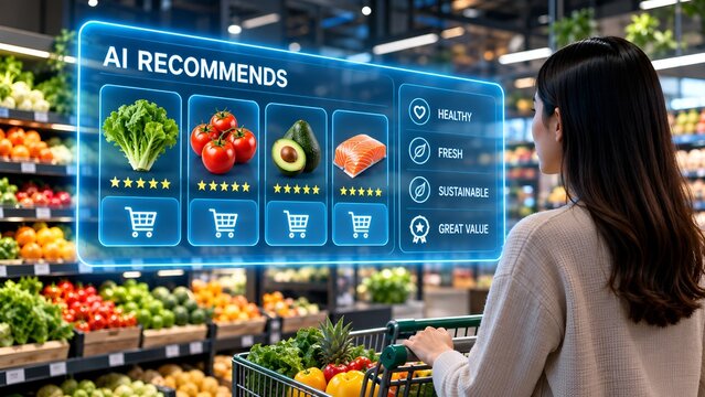 AI recommendation engine interface analyzing fresh organic produce choices for customer in smart supermarket