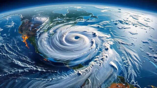 Massive hurricane swirling over planet Earth seen from orbit in outer space satellite view