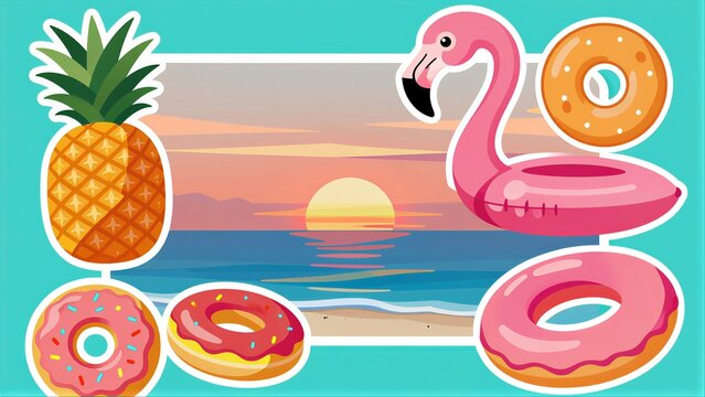 Tropical beach scene with pineapple, donuts, and pink flamingo floaties.