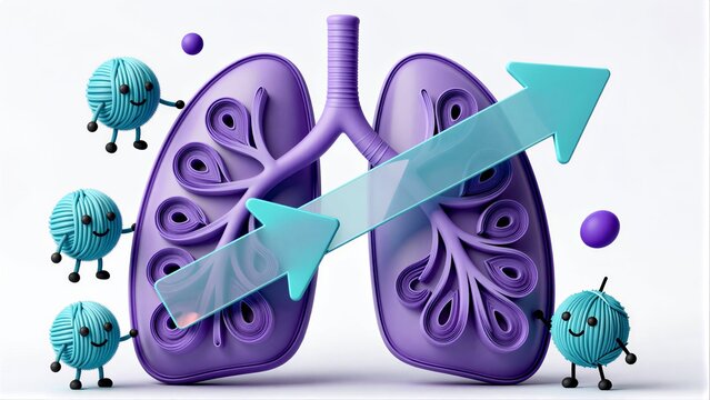 Purple lungs with happy yarn characters and a rising arrow symbolizing improved health.