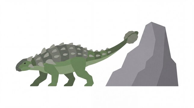 Armored ankylosaurus dinosaur walking past a grey rock formation