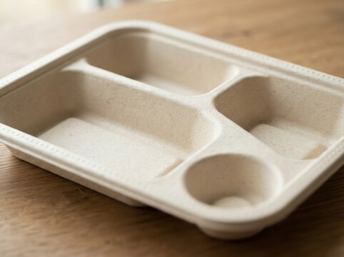 bagasse molded food packaging Eco-friendly disposable tray with four compartments on wooden table