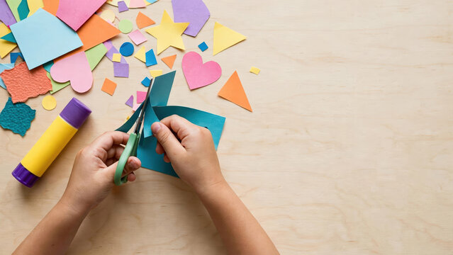 Top view of a child cutting blue paper with scissors. Colorful paper shapes and glue stick on a wooden table. Kids arts and crafts flat lay. Copy space for text