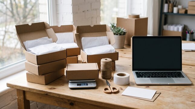 Small business packing table with kraft boxes, tissue paper, twine, blank thank-you card and blank laptop screen