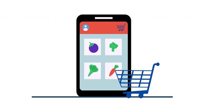 Online Grocery Shopping on Smartphone with Fresh Vegetables, Shopping Bag and Cart