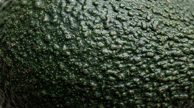 Close-up texture shot of a ripe, dark green avocado skin showcasing its bumpy surface and natural imperfections in detail