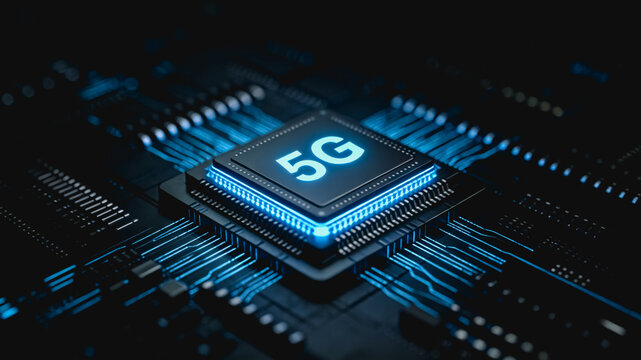 A 5G-enabled semiconductor chip mounted on a printed circuit board, with glowing circuit traces indicating electronic connectivity and high-speed data processing capabilities.