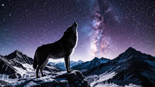 Lone Wolf Howling at Night Sky with Milky Way Galaxy and Snowy Mountain Peaks Cinematic Art