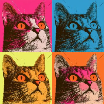 Cat face is repeated in four squares. Each square has a different bright color. The design shows graphic lines and a screen print look.