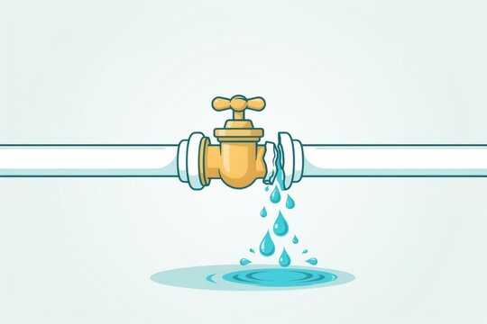 Illustrated graphic art of broken leaking pipe with metal valve and blue water drops isolated on light grey background.