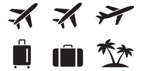 Set of black vector icons representing airplanes, luggage, and tropical palm trees for travel and vacation themes. © Md Nurujjaman221