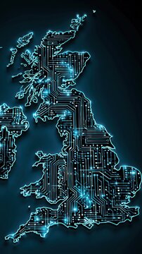 Digital map of great britain outlined by circuit board technology