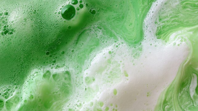 A top-down view of a fluid mixture of mint green and white colors. The bright neon tones mix in an abstract pattern.