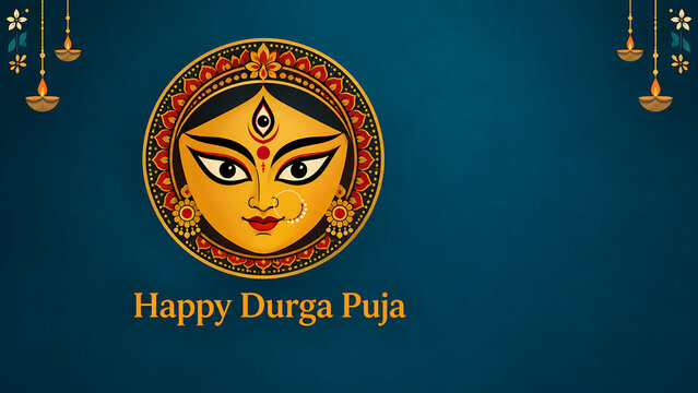 Beautiful goddess durga face illustration on dark blue background with hanging oil lamps for maha shashthi durga puja and hindu navratri festival celebration