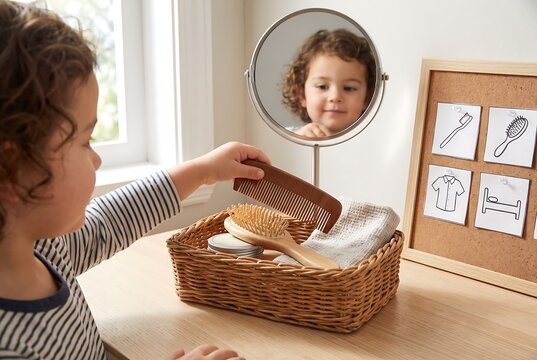 Child Preparing Bread Basket Independently Before Breakfast