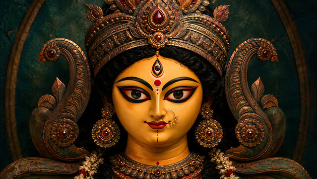 Close up view showcasing the magnificent golden face of divine goddess adorned with traditional jewelry for maha shashthi durga puja navratri celebration