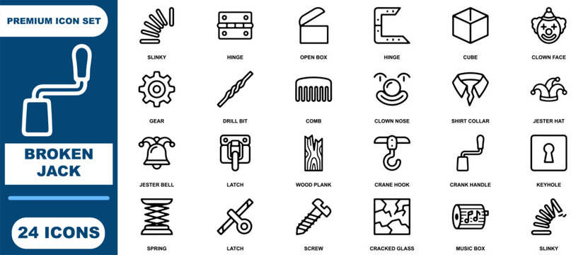 Set of 24 black line featuring broken jack, mechanical parts, clown hardware, and miscellaneous on white background