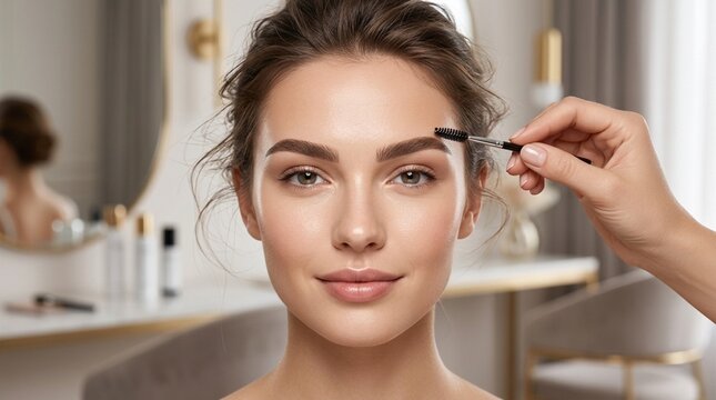 Woman's Face Being Prepped With Brow Brush for Makeup Application