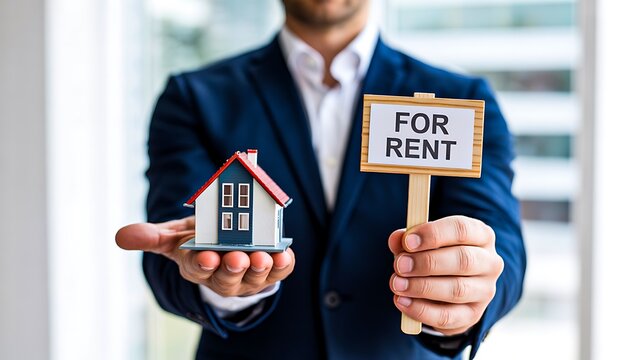Real estate agent holds a house model and for rent sign representing residential property leasing.