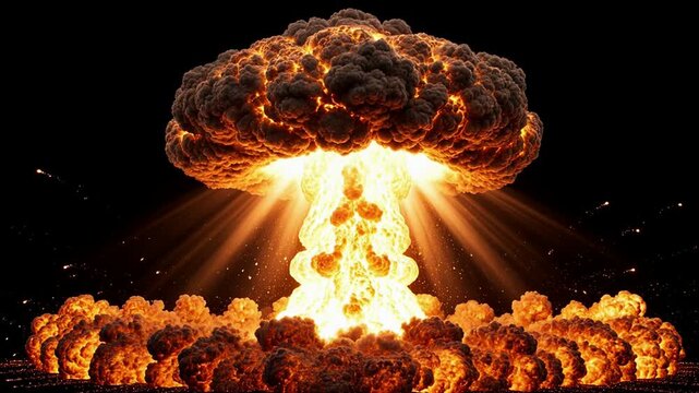Witness a realistic nuclear explosion scene, portraying a massive mushroom-shaped blast. Nuclear bomb explosion effect video animation