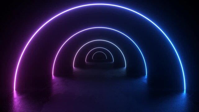 neon light shapes on black background,rainbow colors, empty space,  80's retro style, fashion show stage, abstract background, 3d rendering,conceptual image.