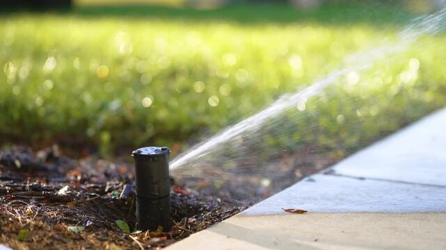Sprinkler watering lawn grass during dry season.
