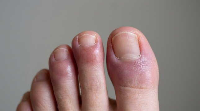 冷え性や血行不良により赤紫色に腫れた足指のクローズアップ