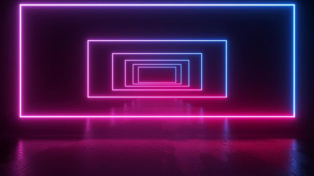 neon light shapes on black background,rainbow colors, empty space,  80's retro style, fashion show stage, abstract background, 3d rendering,conceptual image.