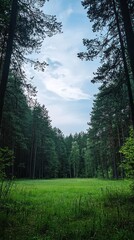Obraz premium Serene forest clearing with tall pines, blue sky, mobile wallpaper