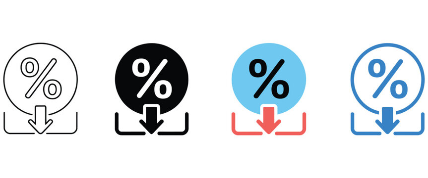 Percentage Discount Down Arrow Icons for Sale Prices, Retail Promotions, Shopping Savings, Special Offers, and Marketing Designs.